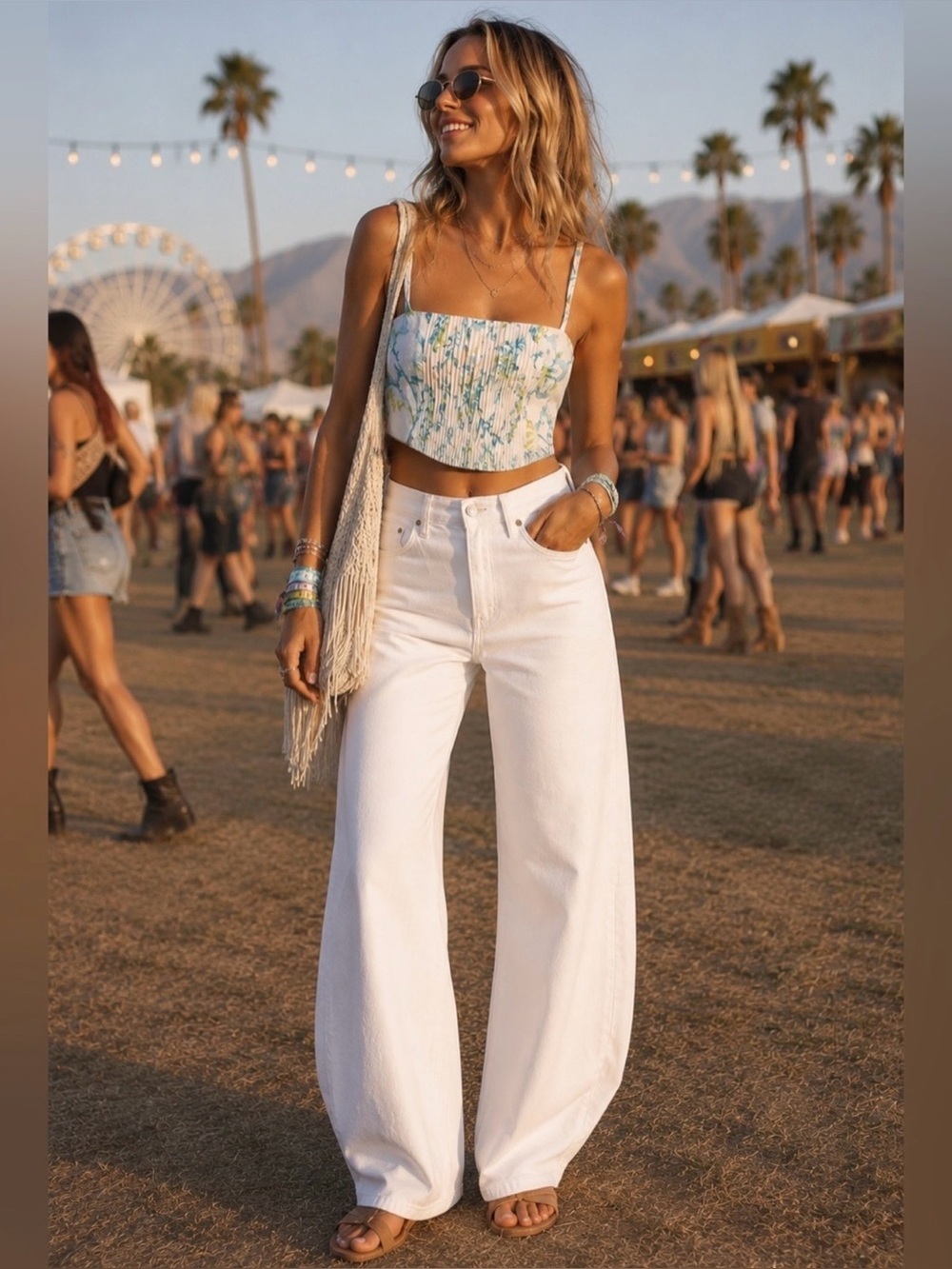 Rhythm Smocked Floral Crop Top XS Pintuck Front Adjustable Straps